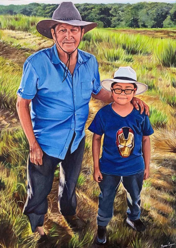 Retrato al oleo abuelo con su nieto
