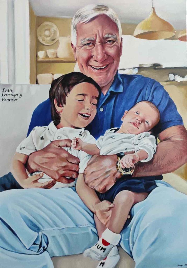 Cuadro pintura al oleo Abuelo con nietos