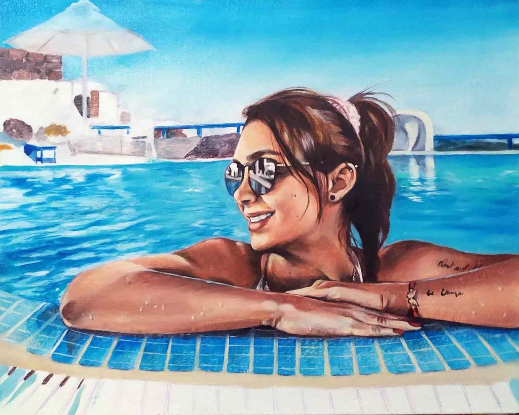 Pintura al oleo mujer en piscina