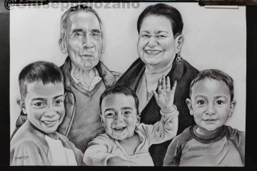 Retrato a lapiz carboncillo por encargo Dosquebradas Familia abuelo y sus tresnietos