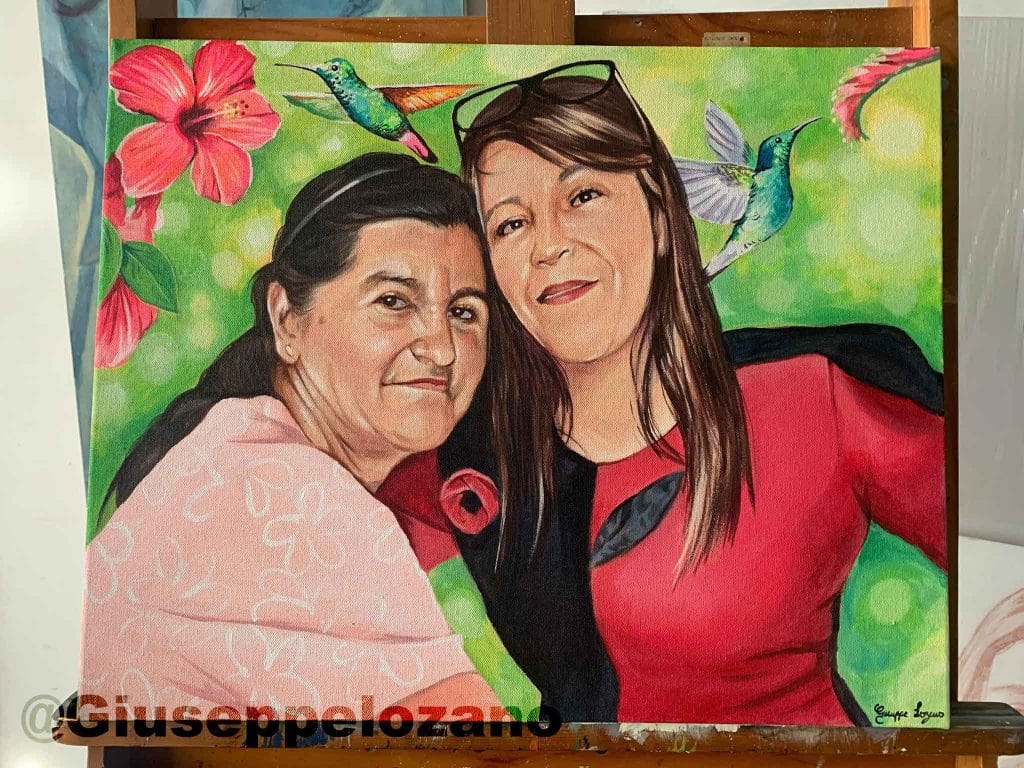 Retrato al oleo por encargo Mama e hija con un fondo de colibris y flores Bogota