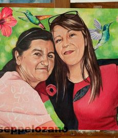 Retrato al oleo por encargo Mama e hija con un fondo de colibris y flores Bogota