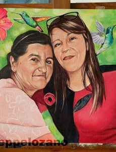 Retrato al oleo por encargo Mama e hija con un fondo de colibris y flores Bogota