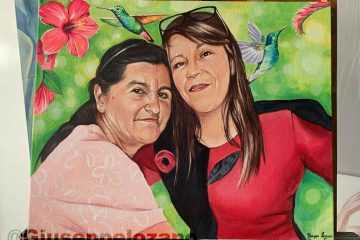 Retrato al oleo por encargo Mama e hija con un fondo de colibris y flores Bogota