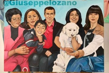 Retrato al oleo por encargo familia unida con perro Itagui