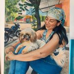Retrato al oleo por encargo mujer sentada con su mascota Tolima