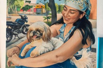 Retrato al oleo por encargo mujer sentada con su mascota Tolima