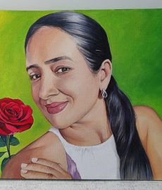 Retrato al oleo de mujer con rosa roja