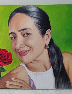 Retrato al oleo de mujer con rosa roja