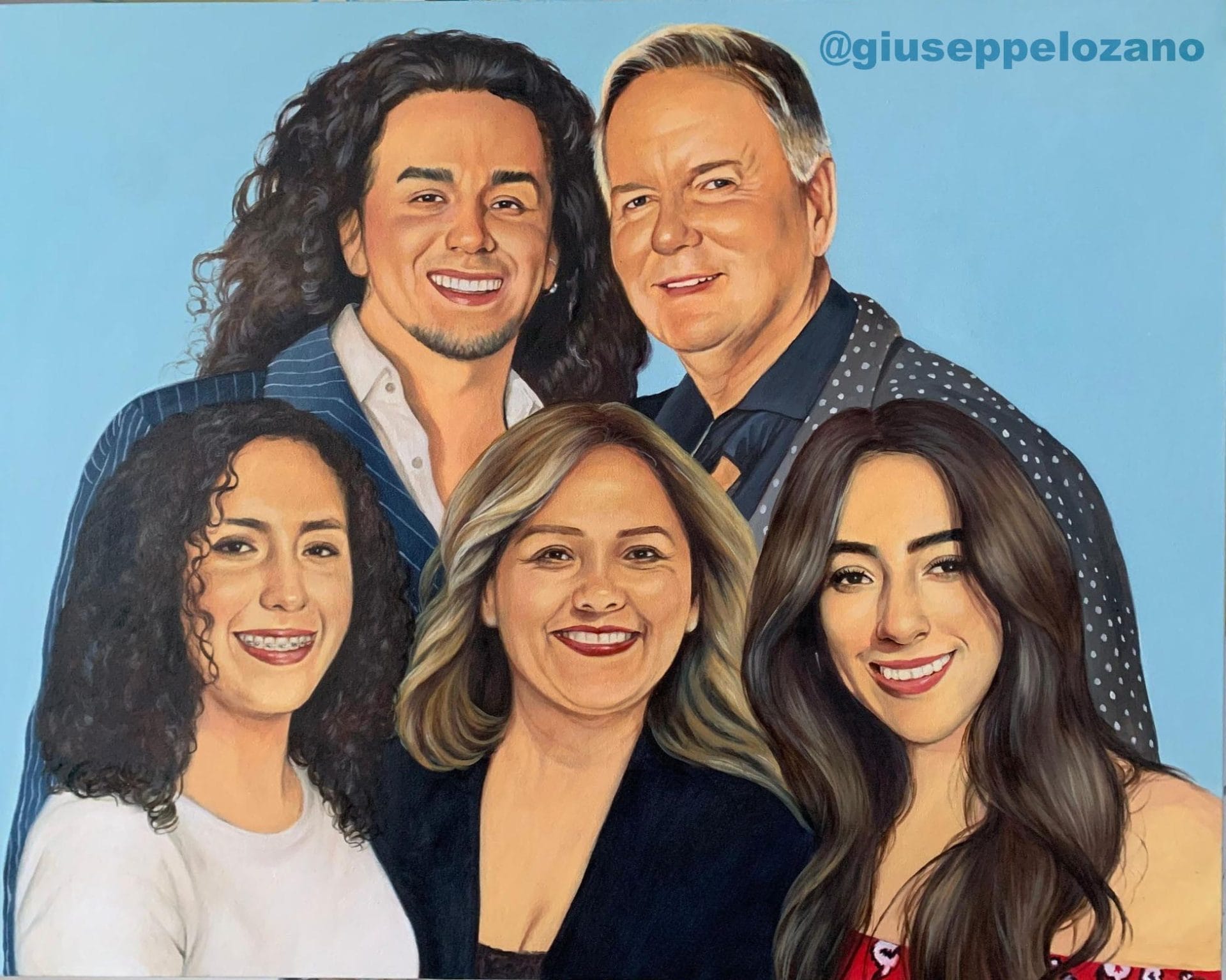 Retrato al oleo uniendo varias personas en un solo cuadro