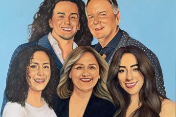Retrato al oleo uniendo varias personas en un solo cuadro