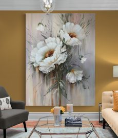 cuadro flores blancas dorados oleo