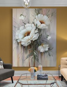 cuadro flores blancas dorados oleo