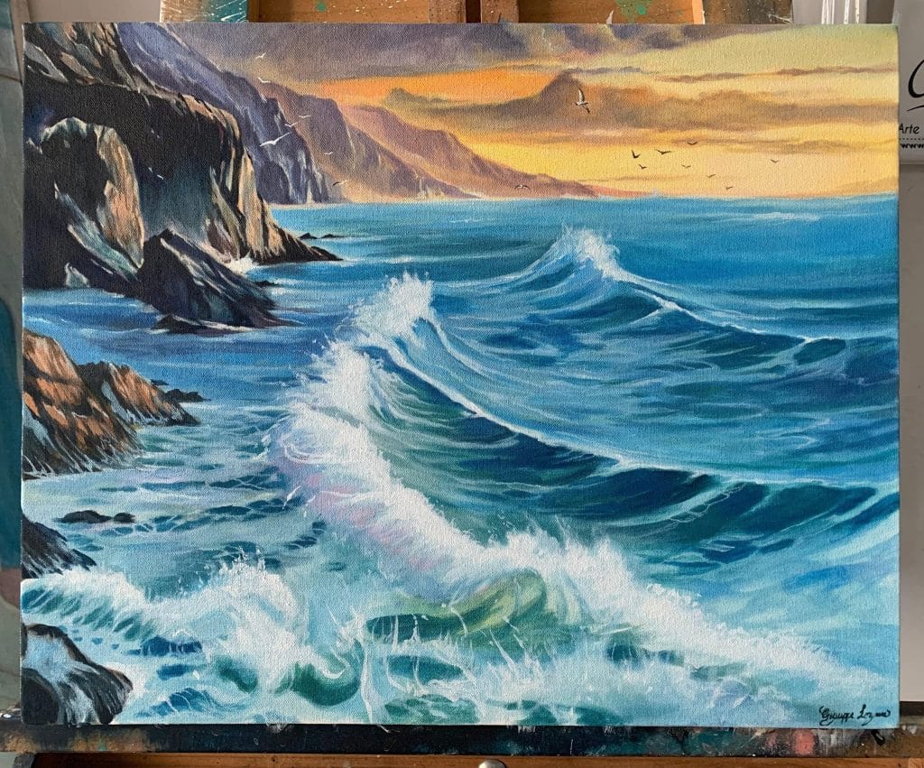 cuadro paisaje marino oleo olas atardecer