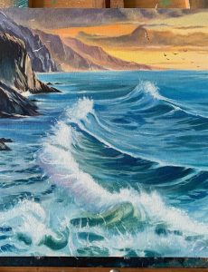 cuadro paisaje marino oleo olas atardecer