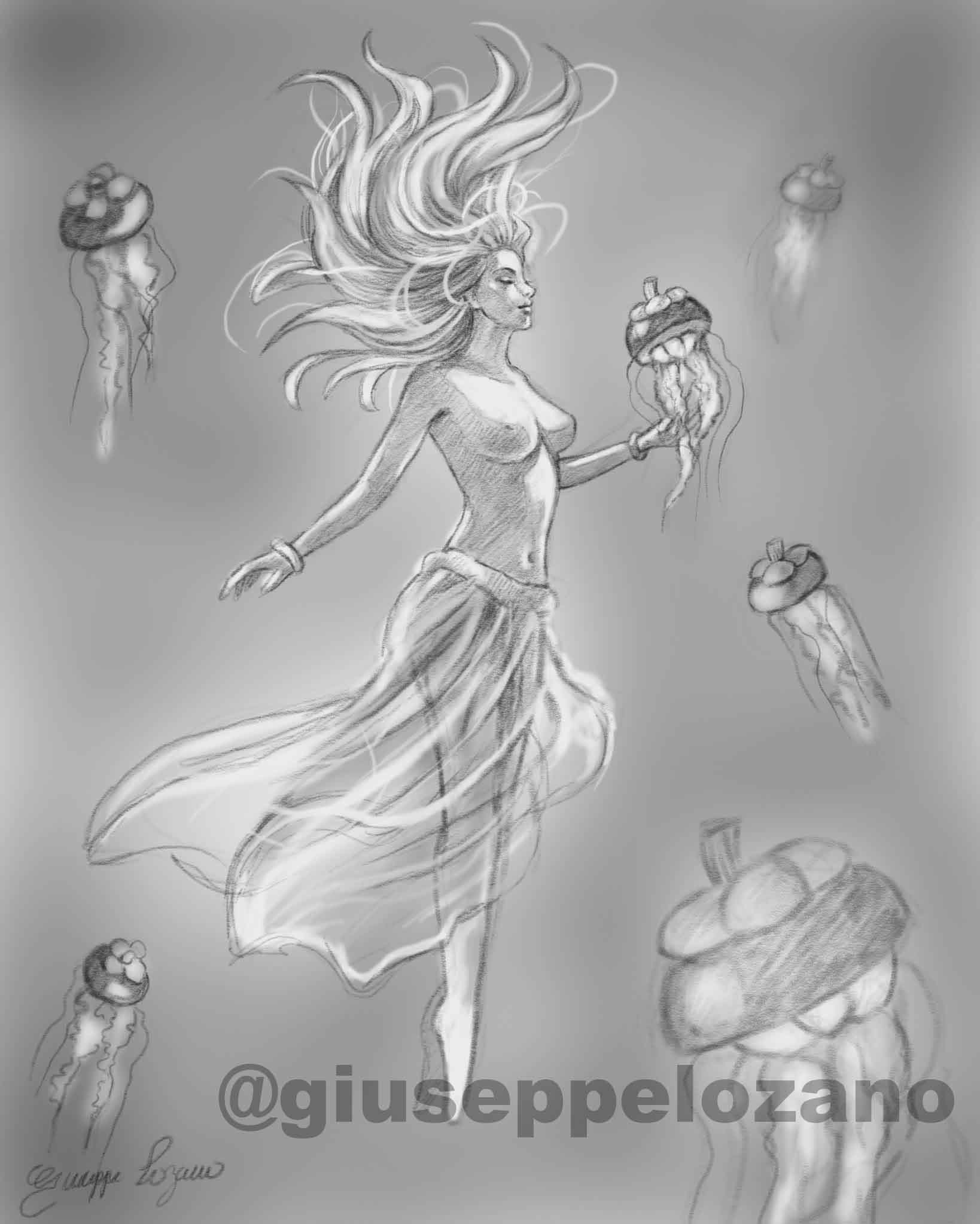 dibujo mujer medusas mangostinos